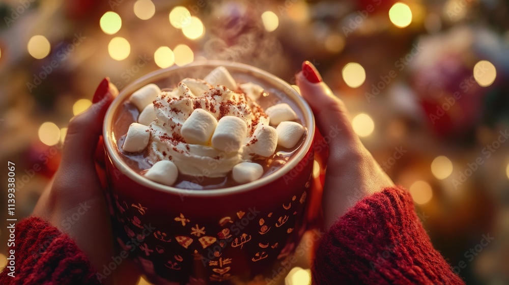 Cozy Moment with Hot Cocoa in Holiday Setting Cozy Moment with Hot Cocoa in Holiday Setting