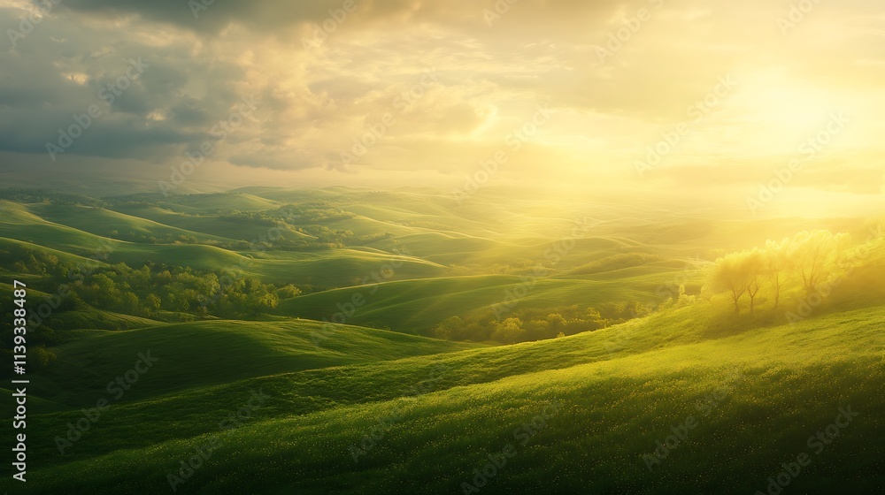 Fototapeta premium Golden Hour Serenity: Rolling Hills Landscape Photography. AI Generated