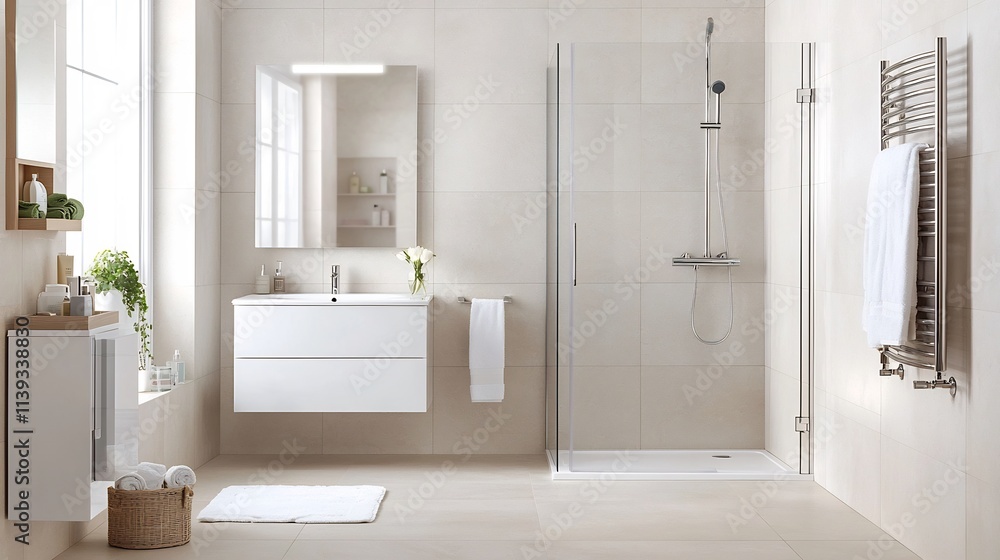 Fototapeta premium Luxurious modern minimalist bathroom interior design with smooth white walls a free floating mirror and a large walk in shower creating an open and calming space for personal hygiene and relaxation