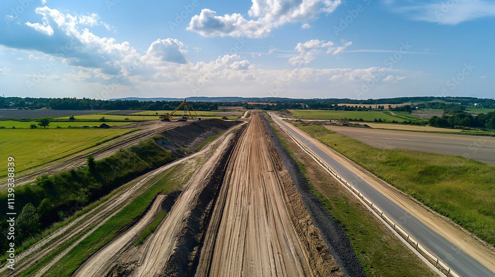 A high-altitude drone surveys a massive infrastructure project featuring geometric landscape lines A high-altitude drone surveys a massive infrastructure project featuring geometric landscape lines