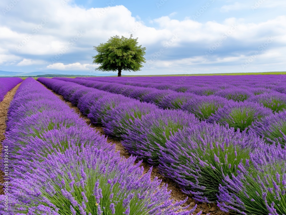 Fototapeta premium Lavender field blooming with a tree scenic landscape vibrant nature viewpoint