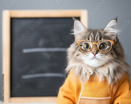 Fluffy cat in a teacher s outfit with glasses and a chalkboard in the background, occupation costume, realistic style photo