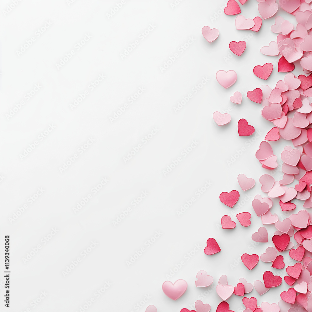 White background with paper pink hearts. The concept of Valentines Day, 14th February, postcard, top view, horizontal, copy space White background with paper pink hearts. The concept of Valentines Day, 14th February, postcard, top view, horizontal, copy space