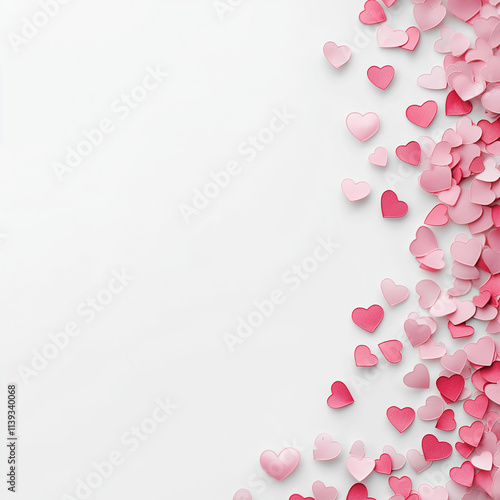 White background with paper pink hearts. The concept of Valentines Day, 14th February, postcard, top view, horizontal, copy space