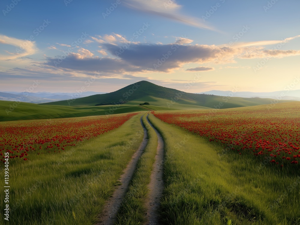 Fototapeta premium Serene sunset path through vibrant fields of poppies tuscany landscape