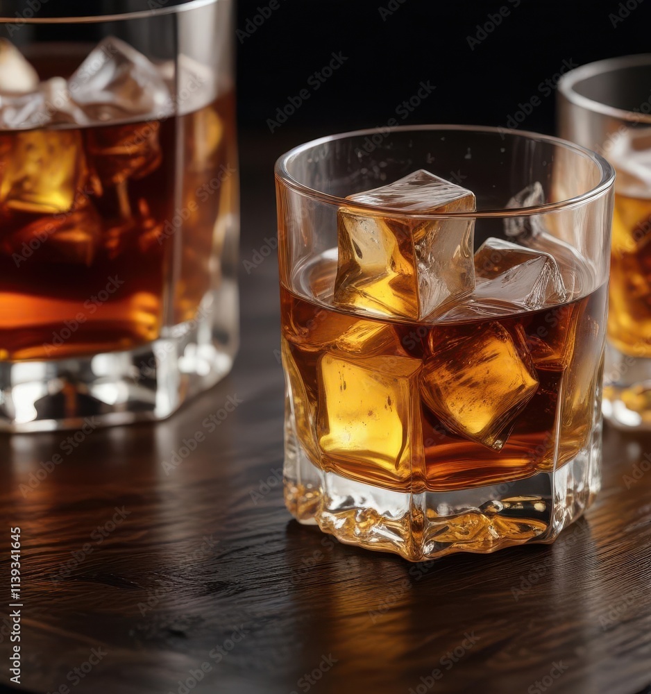 Amber whiskey, ice cubes melt in glass on dark wood , ice cubes, photography, amber Amber whiskey, ice cubes melt in glass on dark wood , ice cubes, photography, amber