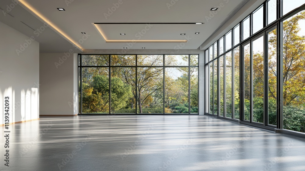 Spacious Modern Room with Large Windows and Autumnal View Spacious Modern Room with Large Windows and Autumnal View