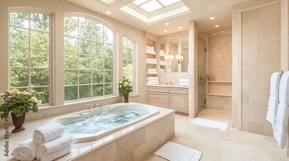 Fototapeta premium Breathtaking luxury bathroom interior design with a large skylight a jacuzzi style tub and soft beige tones creating a serene and rejuvenating space with ample room for copy or text overlay