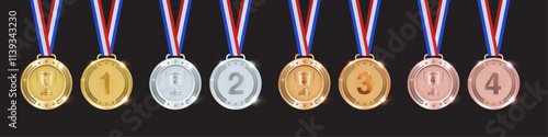 Gold, Silver, Bronze, and Rose Gold Medal Illustrations: Realistic Vector Art for Sports Competitions - First, Second, Third, and Fourth Place Awards for Championship Achievements