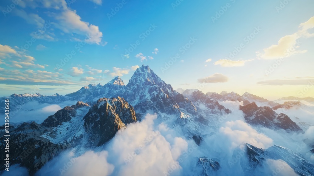 Obraz premium Captivating dawn view of a majestic mountain range serene nature landscape aerial perspective soft blue light illumination