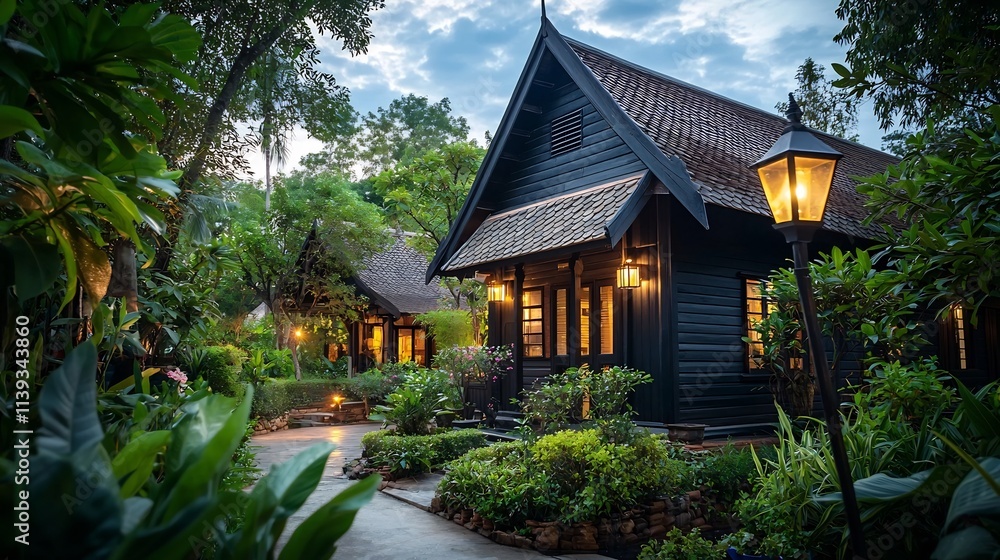 Picturesque Thai Wooden House with Steeply Sloping Roof and Small Garden Offering Tranquil and Serene Countryside Atmosphere with Copy Space in the Foreground Picturesque Thai Wooden House with Steeply Sloping Roof and Small Garden Offering Tranquil and Serene Countryside Atmosphere with Copy Space in the Foreground