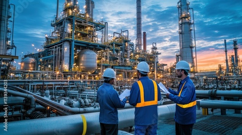 Engineers gather around pipes while reviewing plans at a large petrochemical facility just after sunset, under a colorful sky filled with clouds.