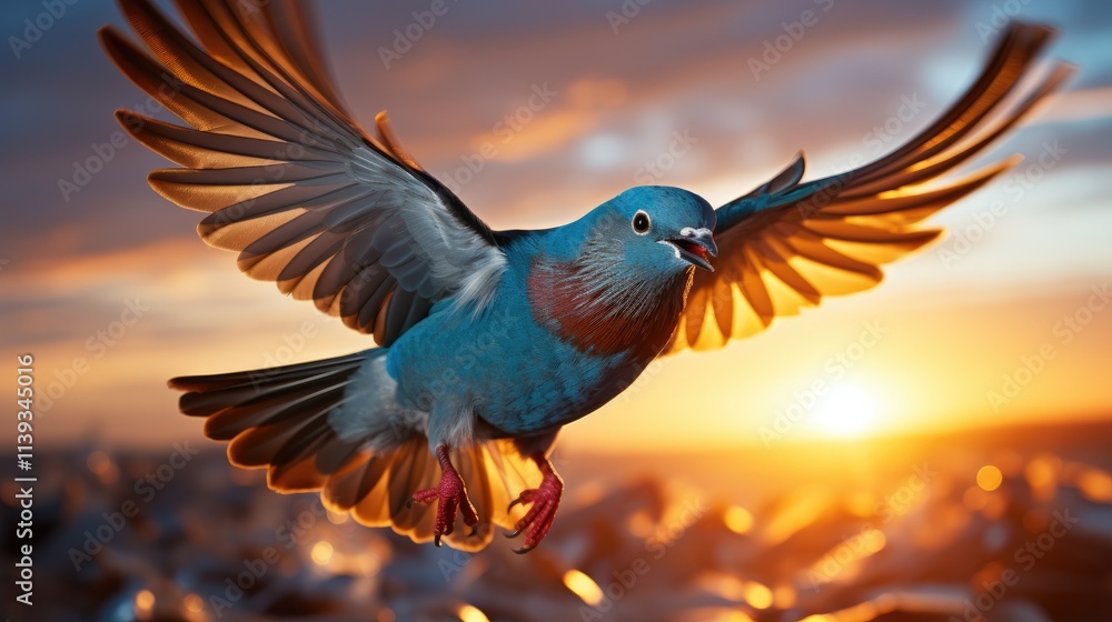 A vibrant blue pigeon soaring through a golden sunset. A vibrant blue pigeon soaring through a golden sunset.
