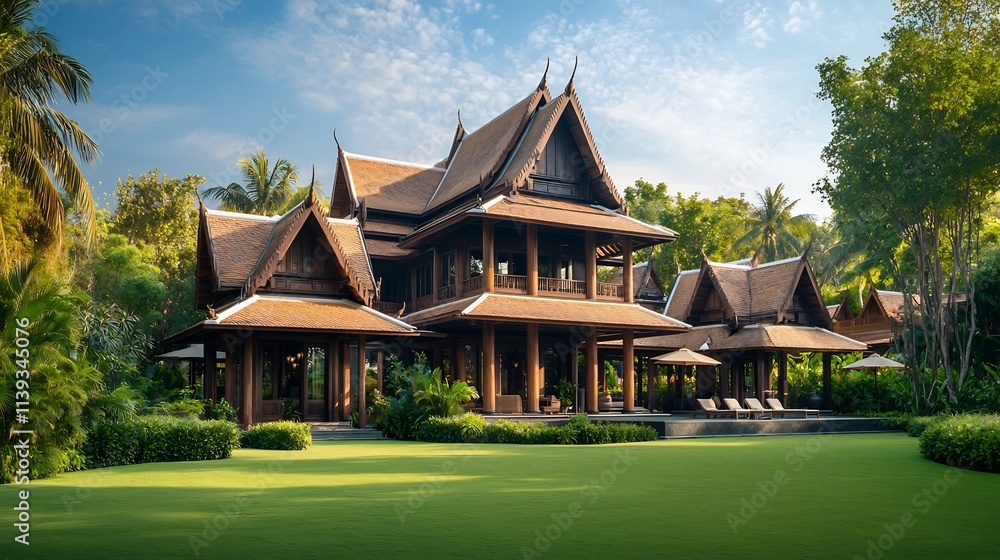 Majestic Thai Traditional House with Multiple Steep Roofs Wooden Pillars and Lush Green Lawn Offering Ample Copy Space in the Foreground and Scenic Sky Above Majestic Thai Traditional House with Multiple Steep Roofs Wooden Pillars and Lush Green Lawn Offering Ample Copy Space in the Foreground and Scenic Sky Above