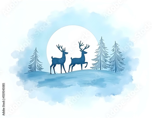 Wallpaper Mural Watercolor illustration of a blue snowy scene with sillhouette deers Torontodigital.ca
