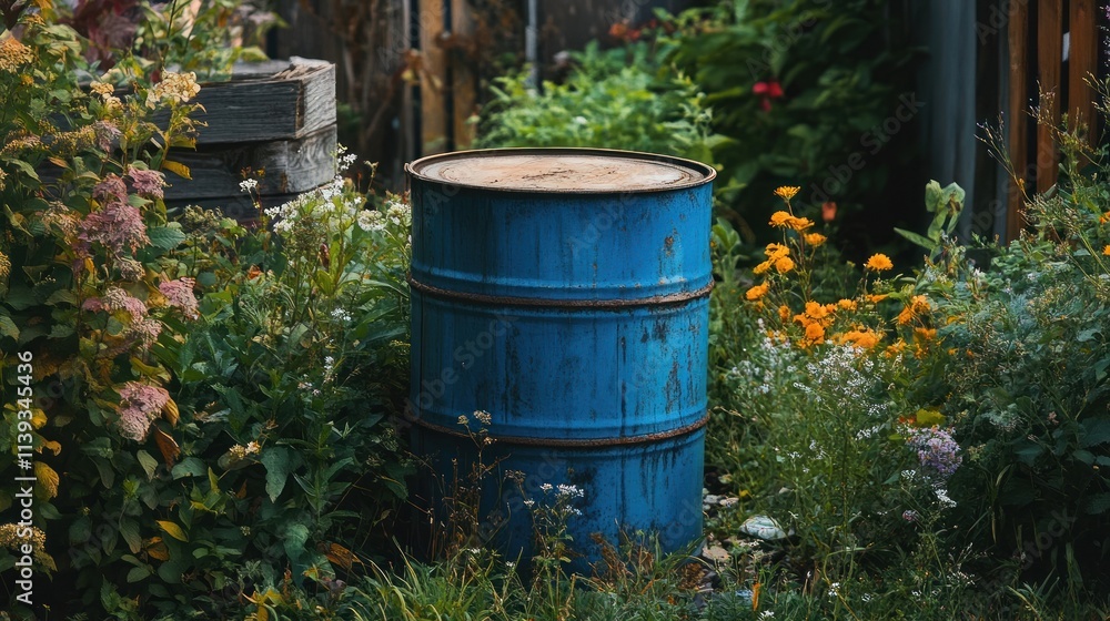 Rustic Blue Barrel in a Vibrant Garden Rustic Blue Barrel in a Vibrant Garden