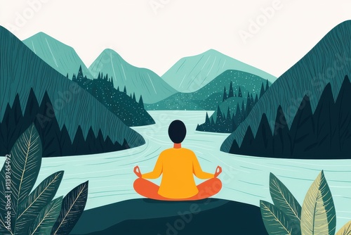 Wallpaper Mural Person meditating by a serene river amidst tranquil mountains. Happy Sunday Life Concept. Torontodigital.ca