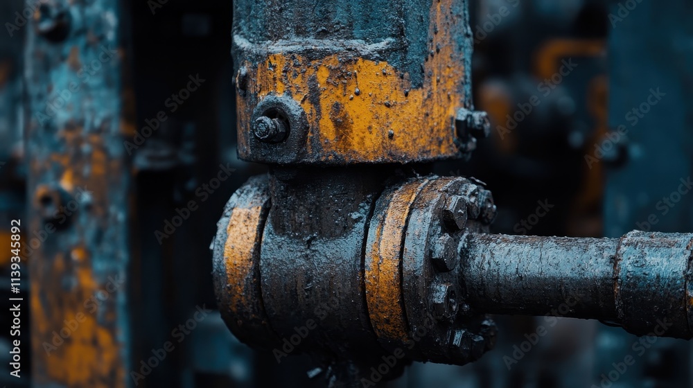 Close-up of industrial machinery showing rust and wear in a workshop setting during daytime