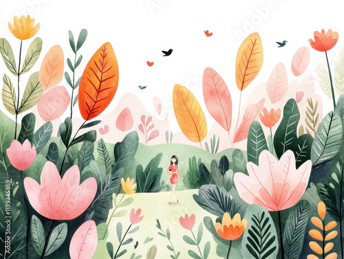 Colorful artistic scene of a person among vibrant flowers. Happy Sunday Life Concept.