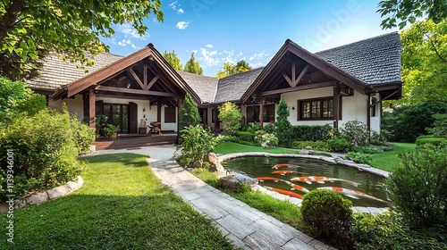 Picturesque traditional Japanese house featuring a thatched roof wooden beams and a serene koi pond surrounded by lush greenery and a calming natural environment