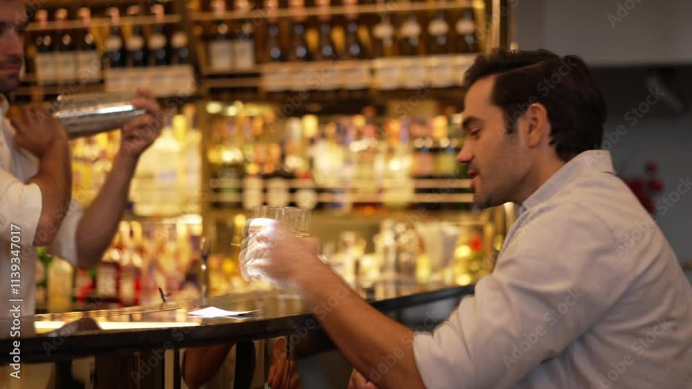 Smiling smart man drinking cocktail in Old fashioned while bartender making special drinks shaking to serve in vibrant beverage at nightclub on Friday meeting night at luxurious counter bar. Vinosity. Smiling smart man drinking cocktail in Old fashioned while bartender making special drinks shaking to serve in vibrant beverage at nightclub on Friday meeting night at luxurious counter bar. Vinosity.