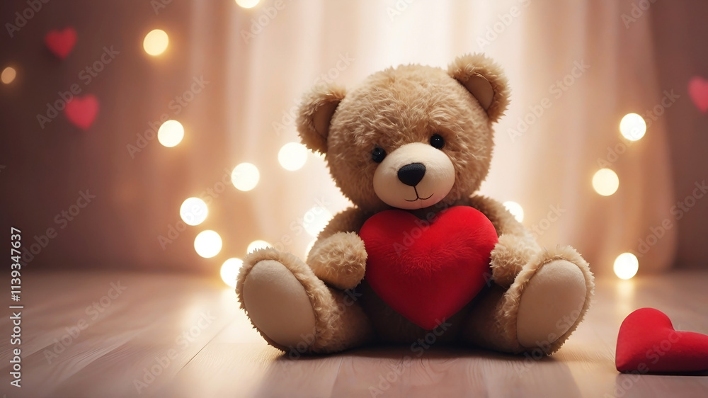 cute adorable valentine teddy bear with plush red heart, copy space for text cute adorable valentine teddy bear with plush red heart, copy space for text