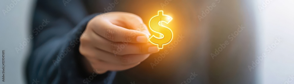 Hand holding dollar sign, a symbol of financial success, investment, savings, and wealth management Hand holding dollar sign, a symbol of financial success, investment, savings, and wealth management