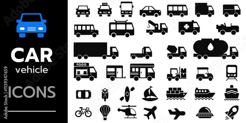 car icon set. transport truck van vehicle bus car symbol. Solid vector icons collection.