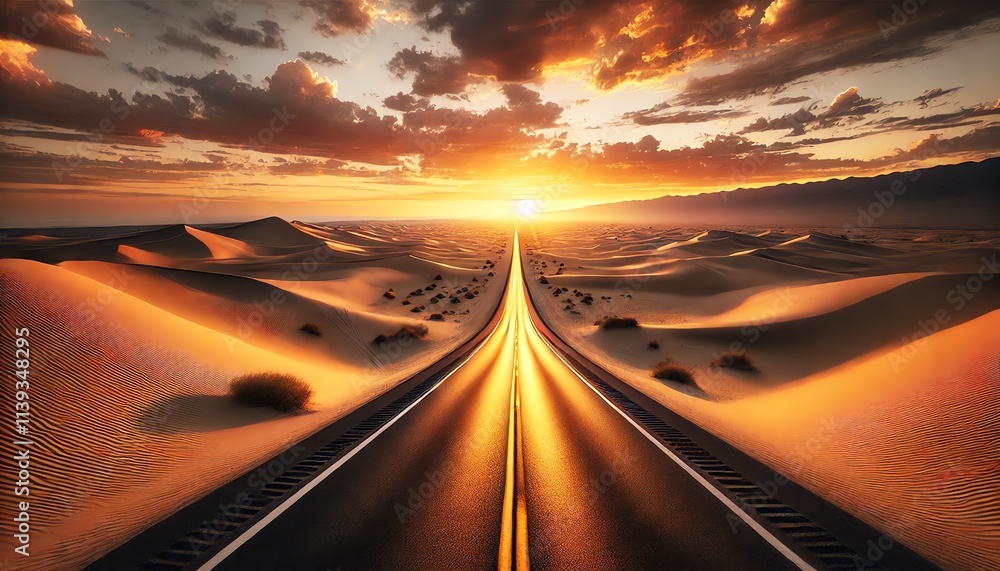 Obraz premium A long, straight road stretching through an expansive desert landscape at sunset