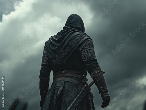 Man with Sword in Cloudy Sky photo