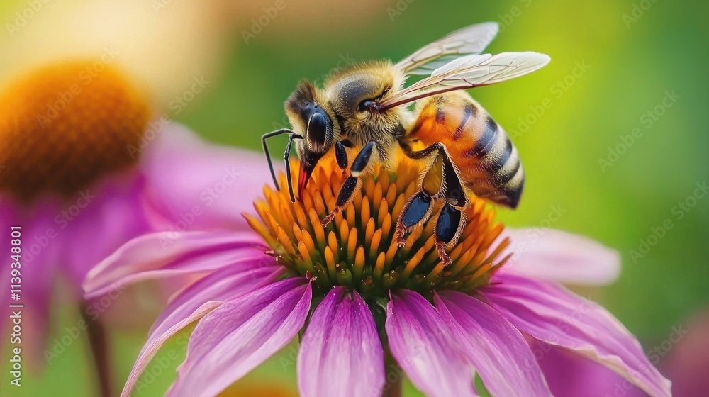 A close-up of a bee pollinating a flower in an urban garden. The vibrant colors of the flower contrast with the urban backdrop in the distance. This image highlights the vital role of pollinators in A close-up of a bee pollinating a flower in an urban garden. The vibrant colors of the flower contrast with the urban backdrop in the distance. This image highlights the vital role of pollinators in