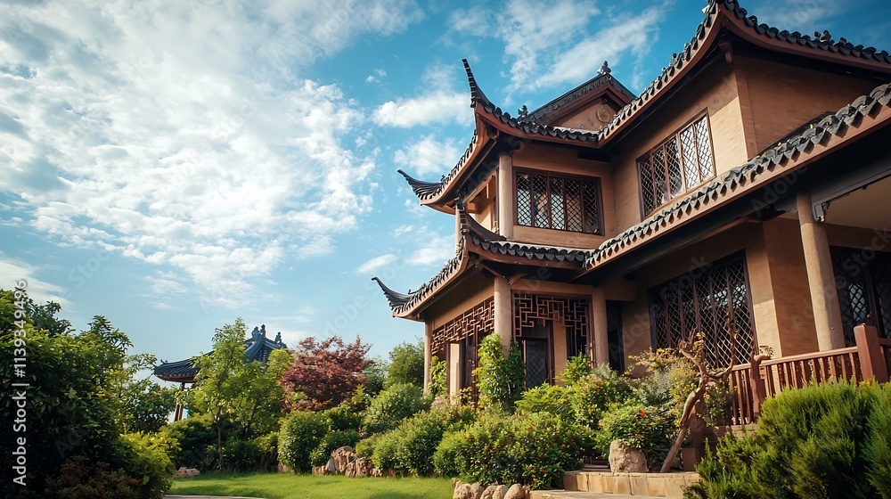 Elegant traditional Chinese style house with a pagoda inspired roof decorative lattice windows and a small garden setting leaving ample copy space in the background sky for text or graphic overlay Elegant traditional Chinese style house with a pagoda inspired roof decorative lattice windows and a small garden setting leaving ample copy space in the background sky for text or graphic overlay