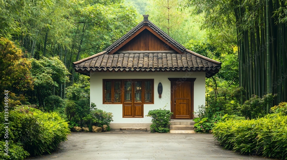 Tranquil Chinese House Nestled in Lush Bamboo Forest with Soothing Natural Surroundings Offering Peaceful Retreat and Calming Atmosphere in Traditional Oriental Architecture Tranquil Chinese House Nestled in Lush Bamboo Forest with Soothing Natural Surroundings Offering Peaceful Retreat and Calming Atmosphere in Traditional Oriental Architecture
