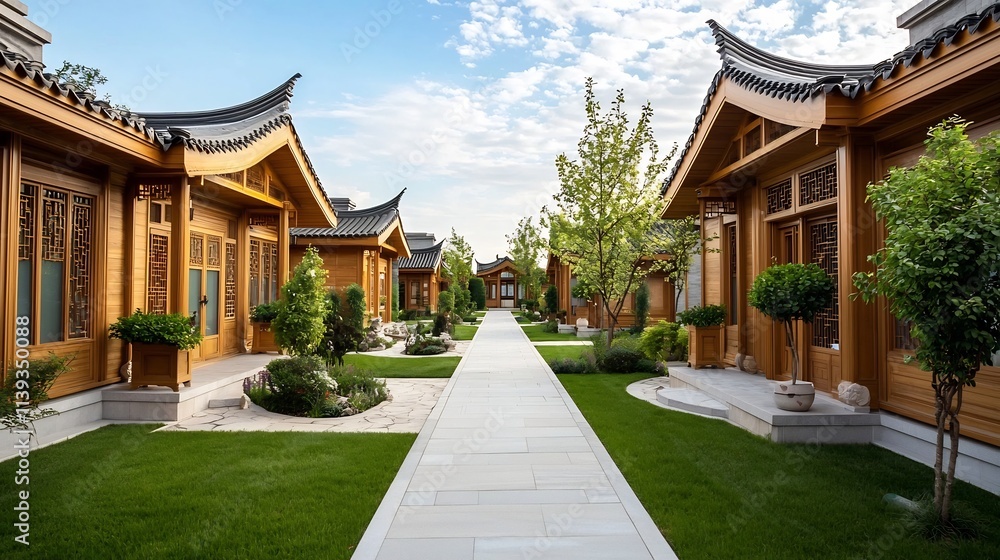 Serene and Picturesque Chinese Courtyard Residence featuring Symmetrical Wooden Structures Decorative Architectural Details and a Quiet Stone Pathway in a Peaceful Natural Setting Serene and Picturesque Chinese Courtyard Residence featuring Symmetrical Wooden Structures Decorative Architectural Details and a Quiet Stone Pathway in a Peaceful Natural Setting