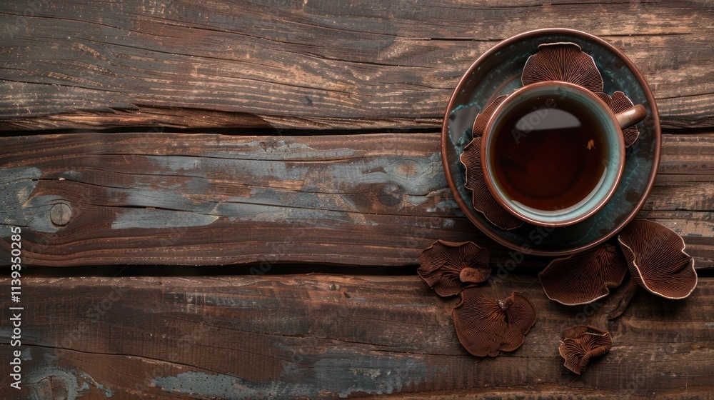 Mushroom Tea on Wooden Surface Mushroom Tea on Wooden Surface