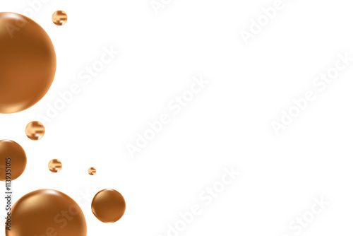 Glowing liquid chocolate brown 3D bubbles or fluid droplets isolated on transparent background. Aesthetic composition for cosmetology, beauty science, skin care molecular concept.