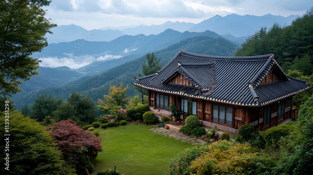 Tranquil Korean Mountain Retreat with Tiled Roofs and Wooden Accents A traditional Korean home nestled in the mountains featuring tiled roofs wooden accents Tranquil Korean Mountain Retreat with Tiled Roofs and Wooden Accents A traditional Korean home nestled in the mountains featuring tiled roofs wooden accents