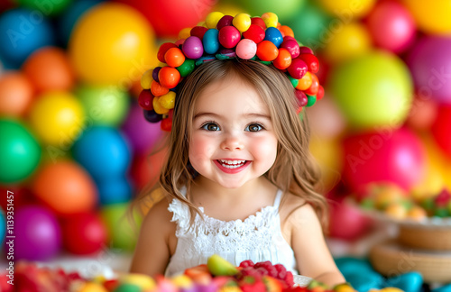 A young girl wearing a colorful headband made of jelly beans. She is smiling and looking at the camera photo