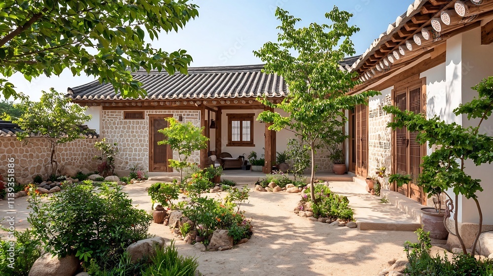 Tranquil Traditional Korean Courtyard House with Stone Walls and Clay Tile Roof Providing Ample Copy Space in the Open Sky and Yard Area Tranquil Traditional Korean Courtyard House with Stone Walls and Clay Tile Roof Providing Ample Copy Space in the Open Sky and Yard Area