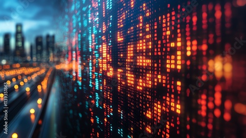 Wallpaper Mural Digital data visualization with vibrant colors and a cityscape in the background. Torontodigital.ca