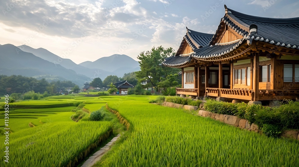 Serene Hanok House Overlooking a Peaceful Rice Field with Wooden Beams and Curved Roofs in the Tranquil Landscape Serene Hanok House Overlooking a Peaceful Rice Field with Wooden Beams and Curved Roofs in the Tranquil Landscape