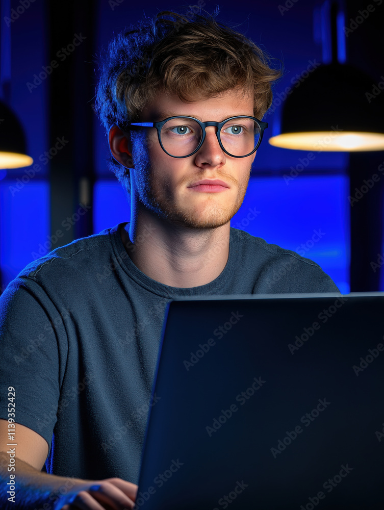 Focused young man working on laptop in dim room technology creative environment Focused young man working on laptop in dim room technology creative environment