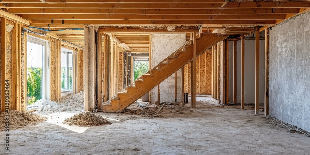 Fototapeta premium New House Under Construction: Wooden Frame and Interior Structure