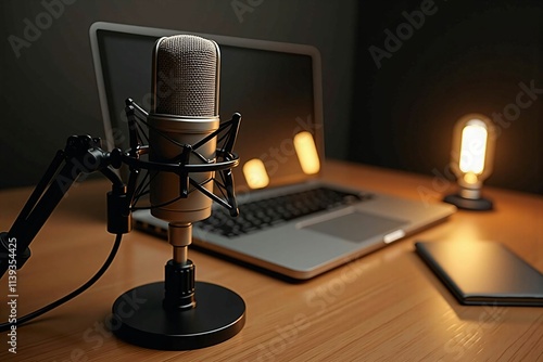 Close-Up of Microphone and Laptop on Desk – Ideal Setup for Podcasting, VTubers, and Streaming in a Cozy Home Studio photo