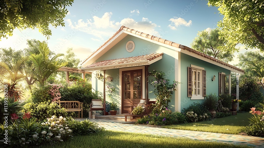 Idyllic Sino Portuguese Style House with Ornate Pastel Ceramic Tiles Lush Tropical Plants and Welcoming Garden Landscape Idyllic Sino Portuguese Style House with Ornate Pastel Ceramic Tiles Lush Tropical Plants and Welcoming Garden Landscape