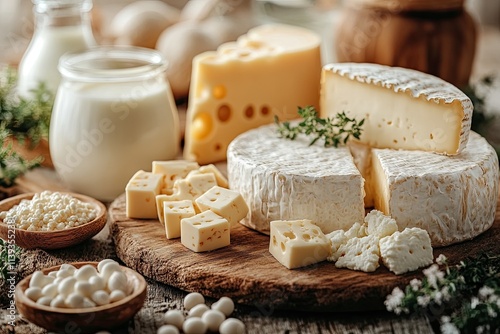 Assortment of cheeses and dairy products on a rustic wooden board.