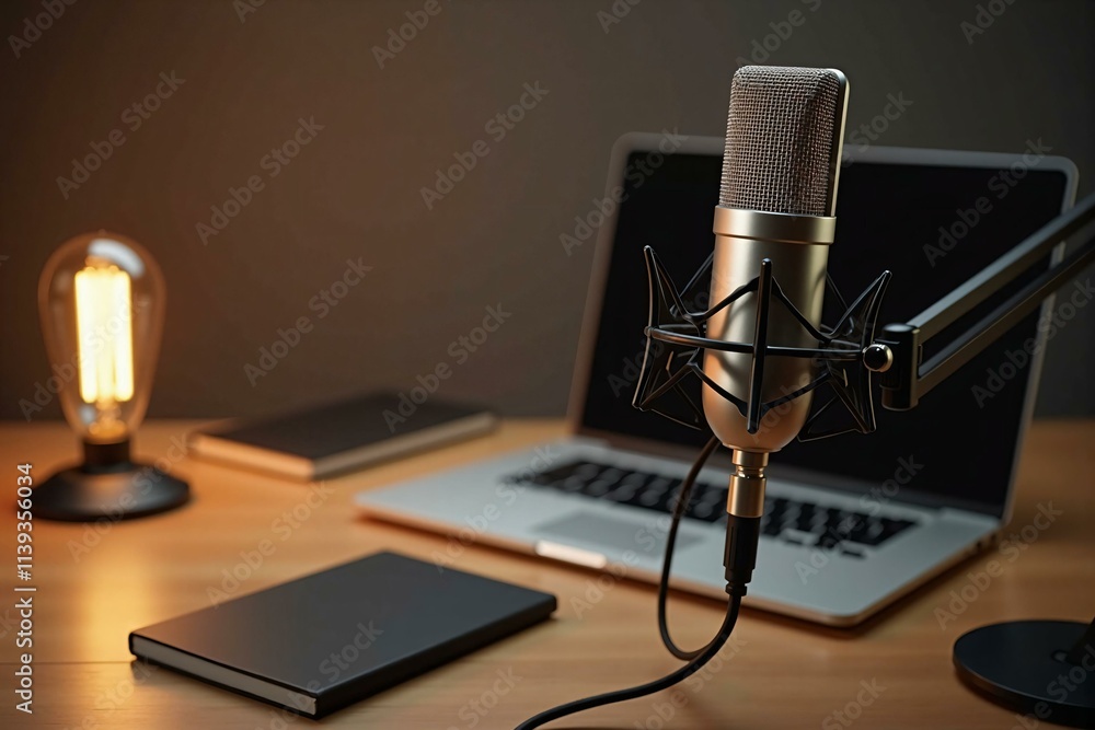 Modern Podcast Recording and Streaming Setup with Microphone, Laptop, and Studio Light for Content Creators Modern Podcast Recording and Streaming Setup with Microphone, Laptop, and Studio Light for Content Creators