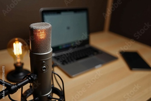 Professional Home Studio Setup with Microphone, Laptop, and Soft Lighting for Podcasters, Streamers, and VTubers photo