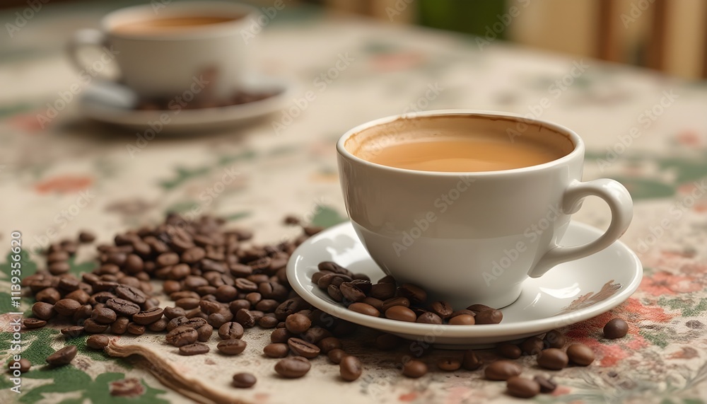 Coffee and Tea Cups on a Beautiful Tablecloth with Coffee Beans Coffee and Tea Cups on a Beautiful Tablecloth with Coffee Beans