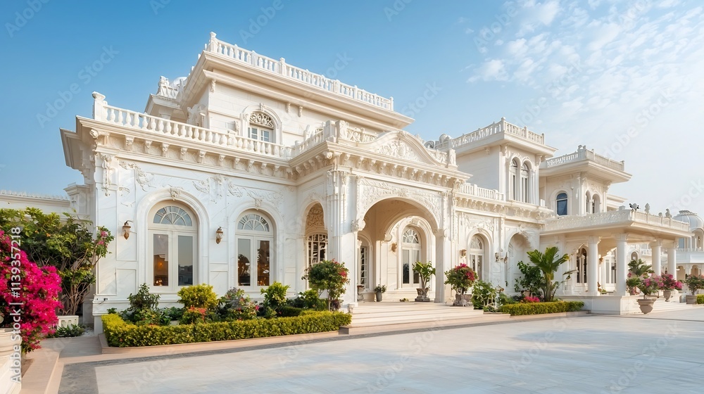 Exquisite North Indian style residential home with a white marble facade arched windows and intricate floral carvings offering ample clean background and sky space for design elements Exquisite North Indian style residential home with a white marble facade arched windows and intricate floral carvings offering ample clean background and sky space for design elements